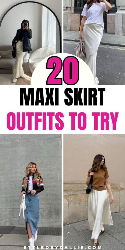 a collage of maxi skirt outfits to copy