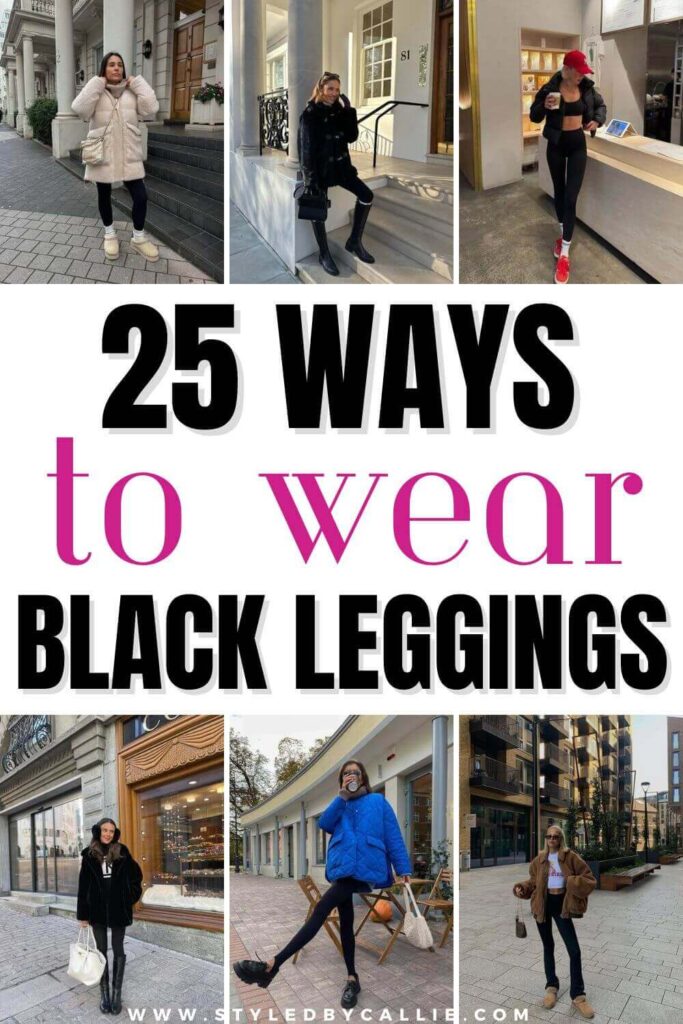 a collage of images showing ways to wear black leggings