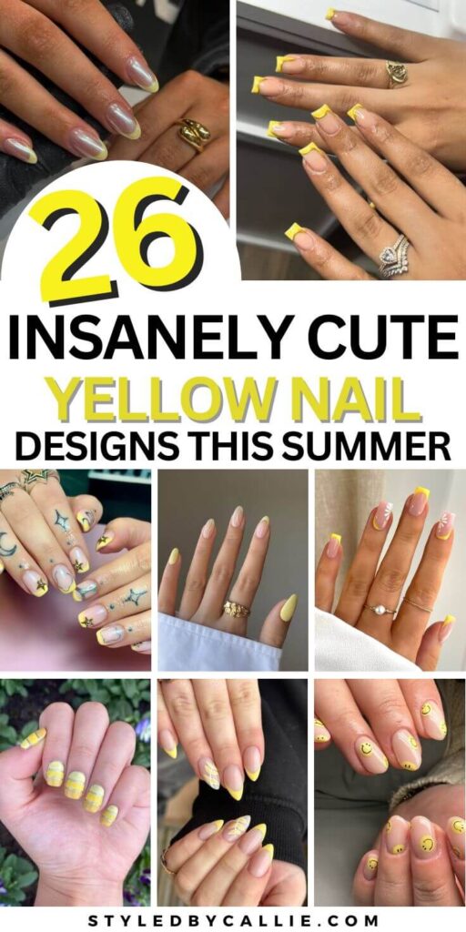 a collage of yellow nail designs.