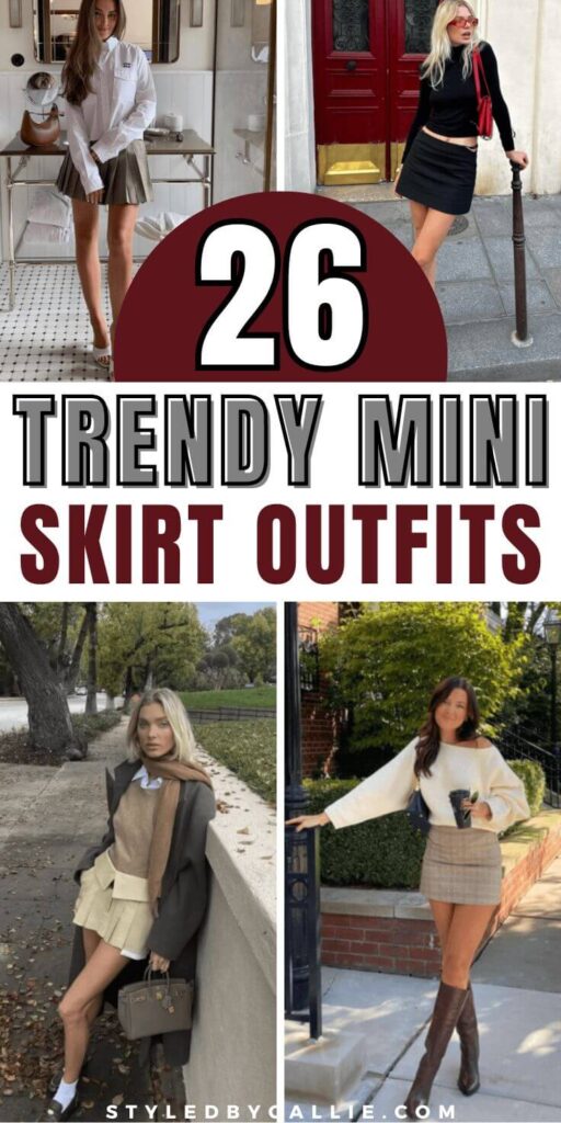 a collage of mini skirt outfit ideas
