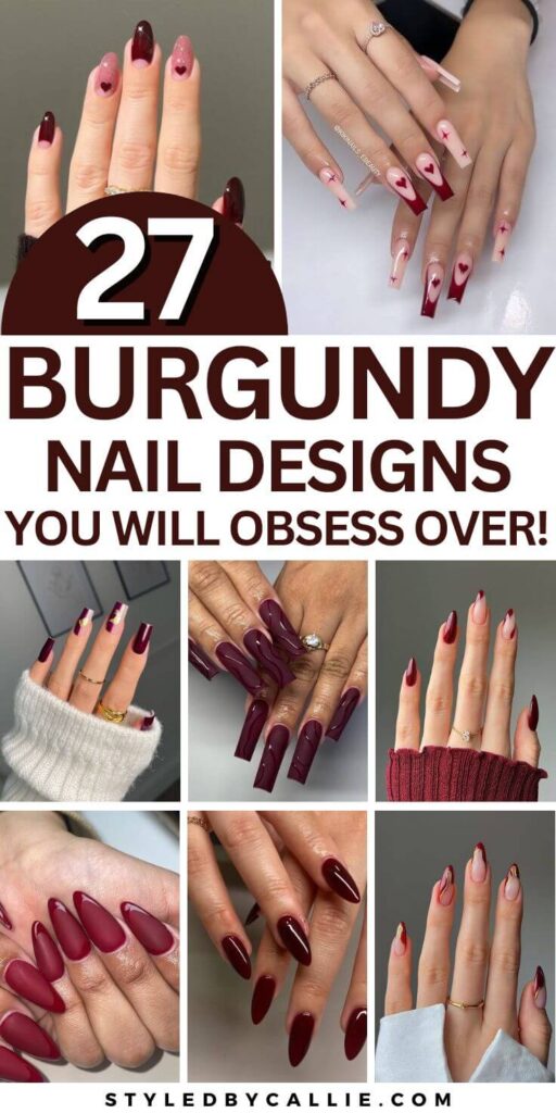 a compilation of burgundy nails
