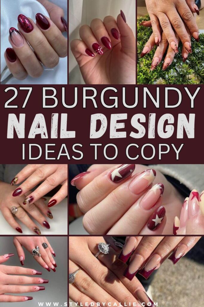 a collage of burgundy nails designs
