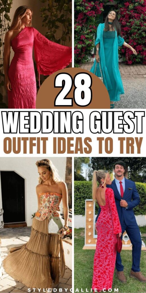 a collage of wedding guest outfit ideas