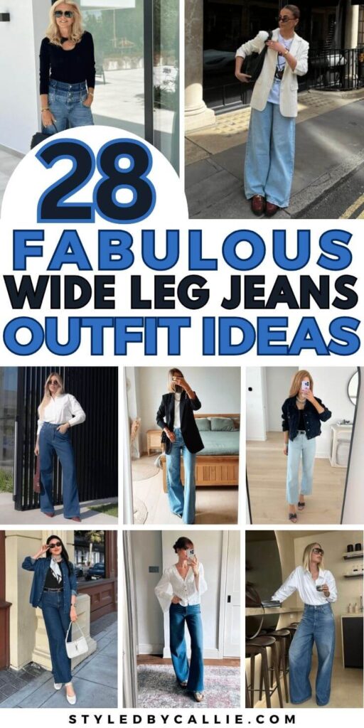 a collage image of wide leg jeans outfit ideas