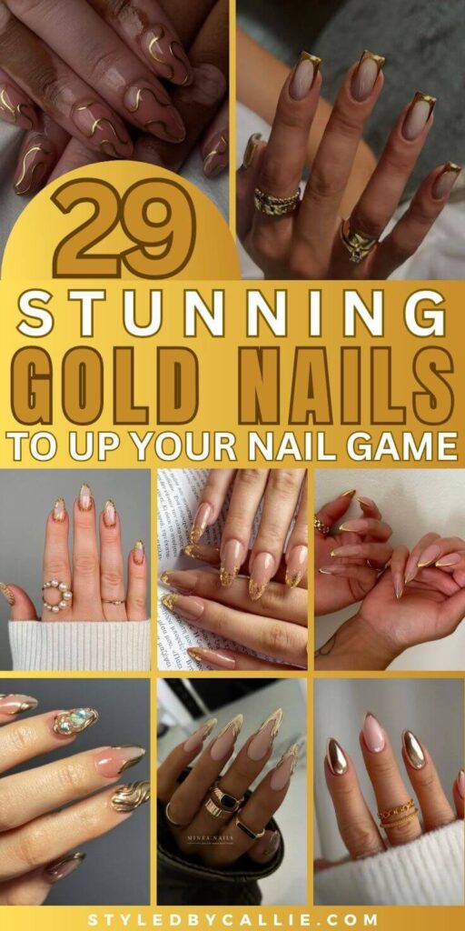 a collage of gold nails design ideas