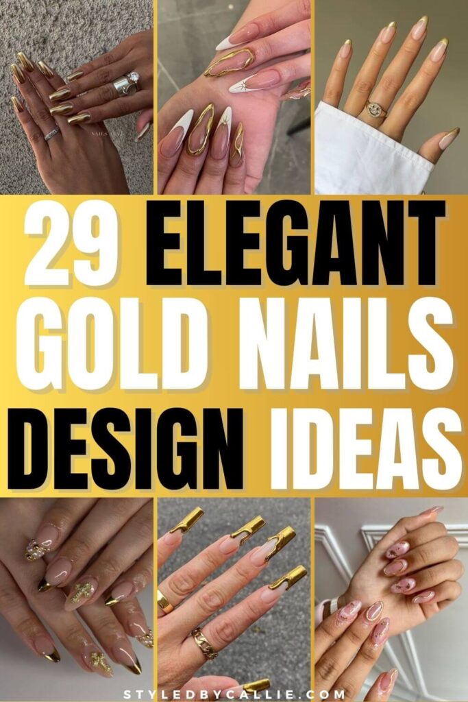 a collage of gold nails design ideas