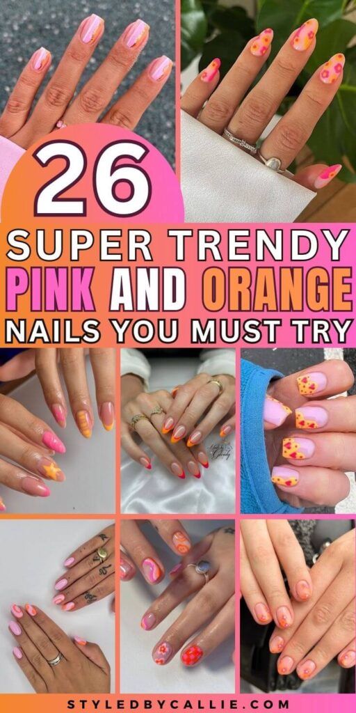 collage of pink and orange nails design ideas to copy